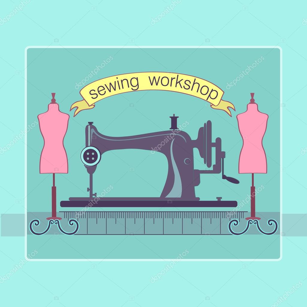Hand drawn sewing lable with a sewing machine. Vector illustration. Logo