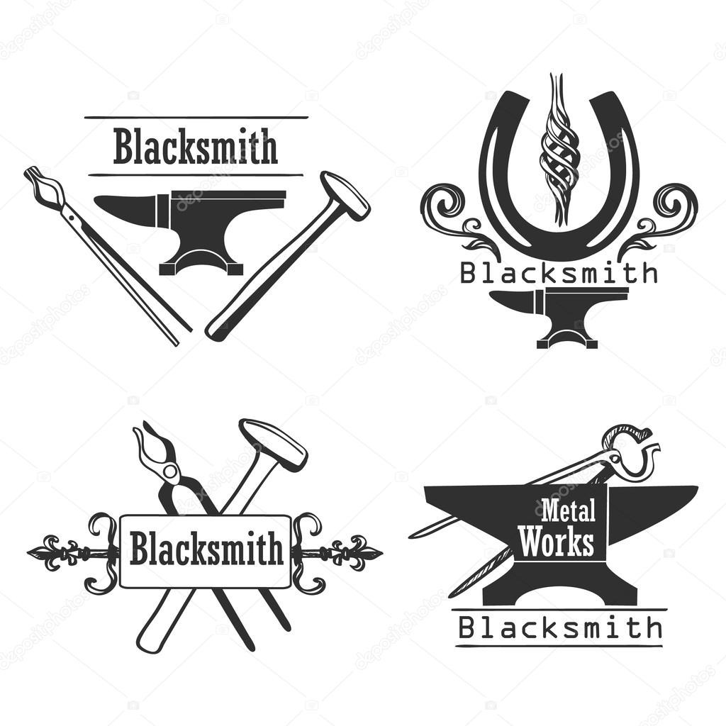 Set of vintage monochrome blacksmith labels and design elements.