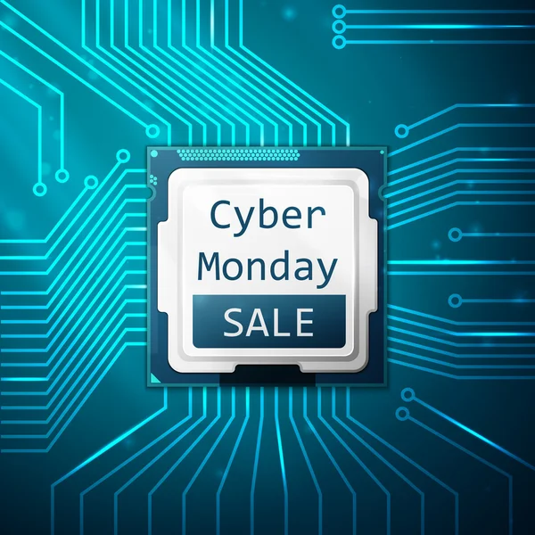 Cyber Δευτέρα πώληση αφίσα, ηλεκτρονικό κύκλωμα του σκάφους με επεξεργαστή — Διανυσματικό Αρχείο