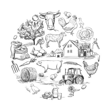 Round card with farm related items clipart