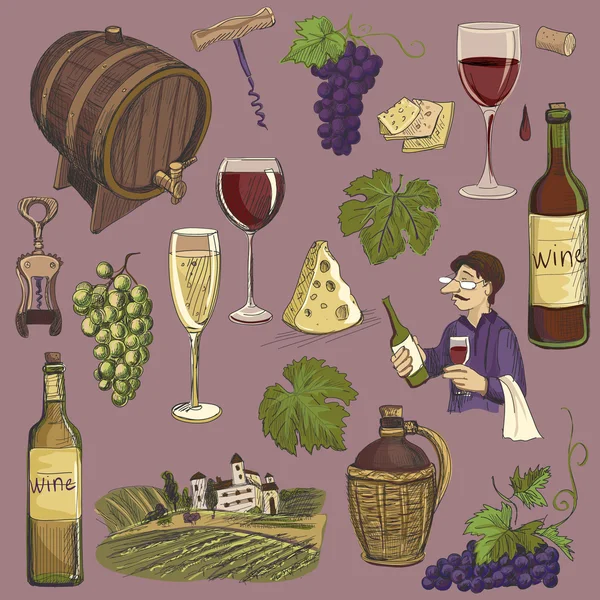 Handgezeichnetes Vektorset - Wein und Weinbereitung — Stockvektor