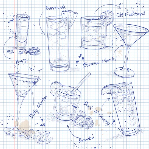 Das unvergessliche Cocktailset auf einer Notizbuchseite — Stockvektor