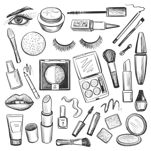 Set di icone di bellezza e trucco disegnate a mano — Vettoriale Stock