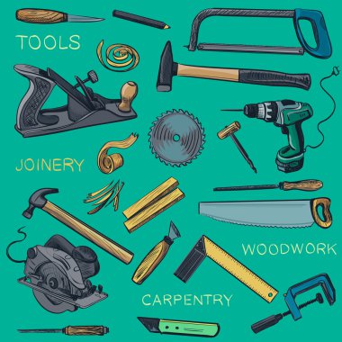 El topluluğu çizilmiş marangozluk, woodworker, sanayi simgeleri