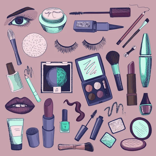 Ensemble d'icônes beauté et maquillage dessinées à la main — Image vectorielle