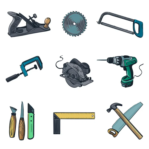 Houtbewerking industrie en hulpmiddelen pictogrammen - vector icon set — Stockvector