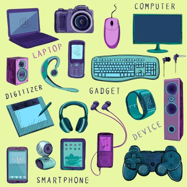 Elle çizilmiş Gadget simgeler kümesi