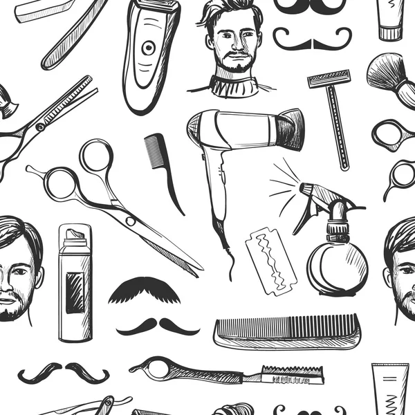 Dibujado a mano retro barbería patrón sin costuras — Archivo Imágenes Vectoriales