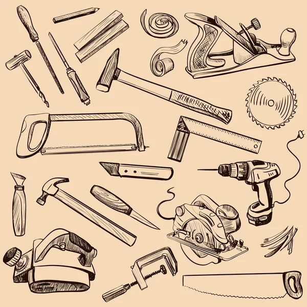 Schreinersymbole gesetzt. Zimmermannsfigur bei der Arbeit. — Stockvektor