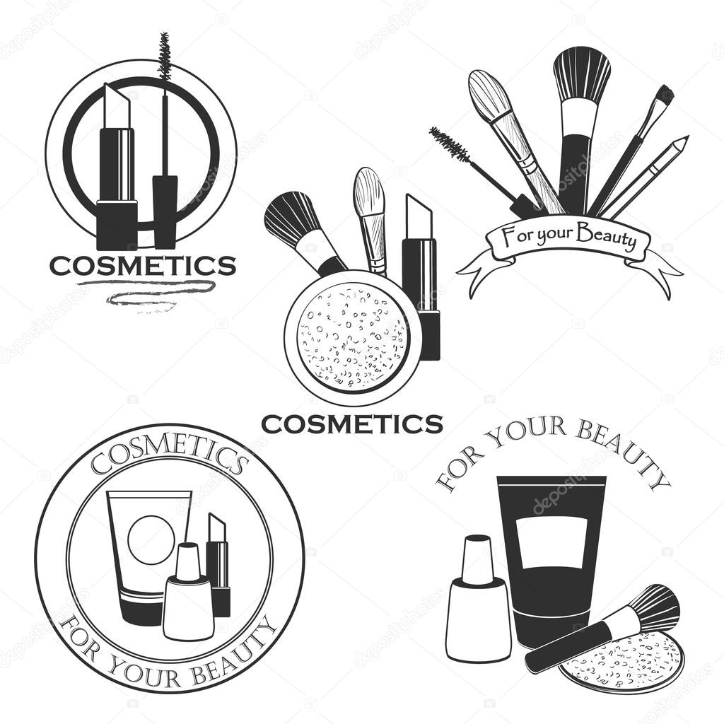 Cosmetics set label for your product or design with mascara, lipstick, creams, nail polish, powder, eye shadow, blush, brushes, glitter, lip