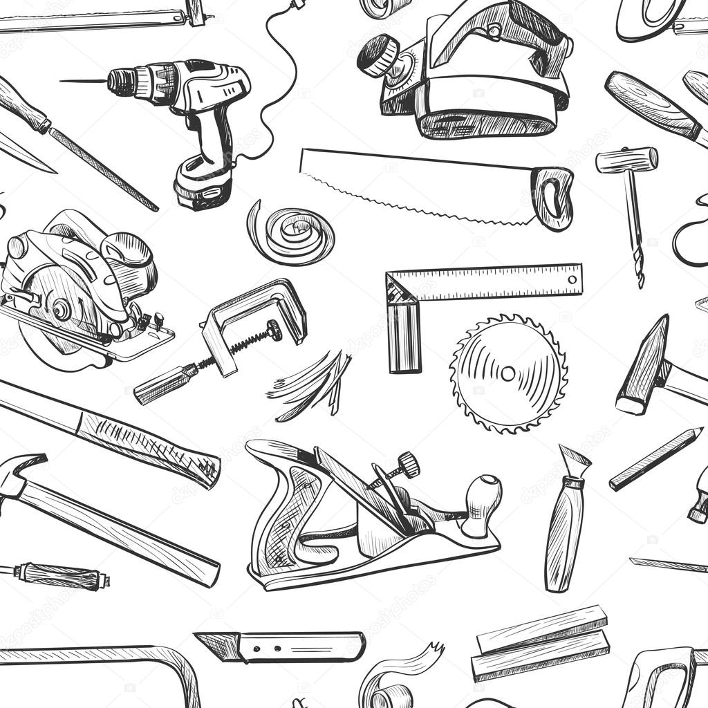 Vector seamless pattern with hand drawn common tools used by carpenters.