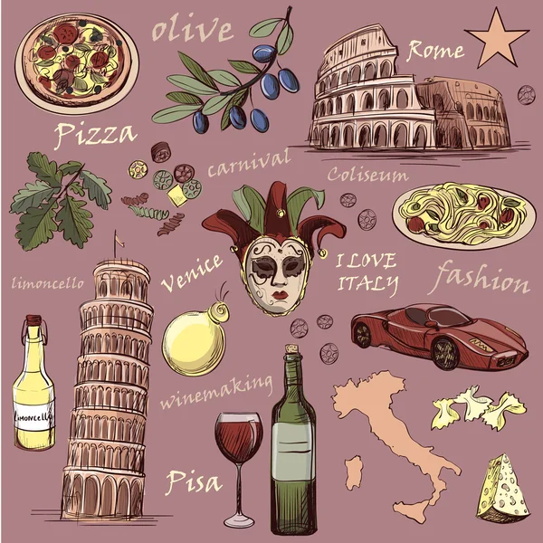 Набор икон Италии, нарисованных вручную — стоковый вектор