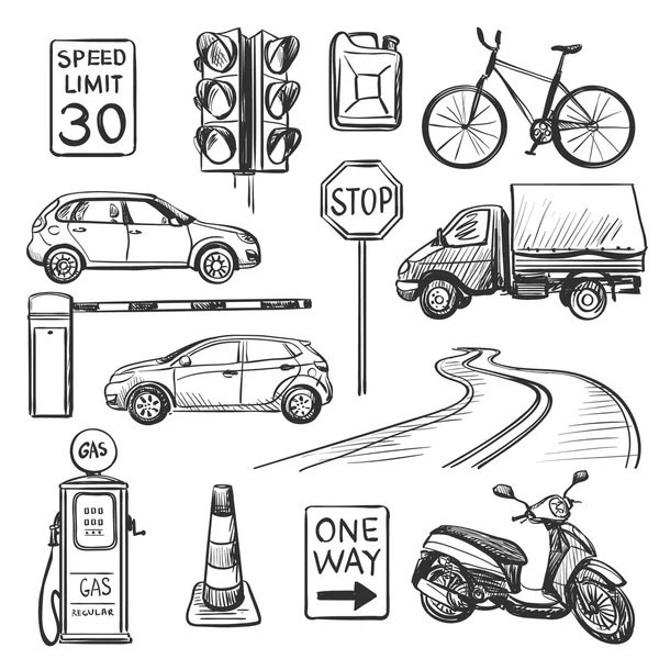 Set di icone disegnate a mano sul traffico — Vettoriale Stock