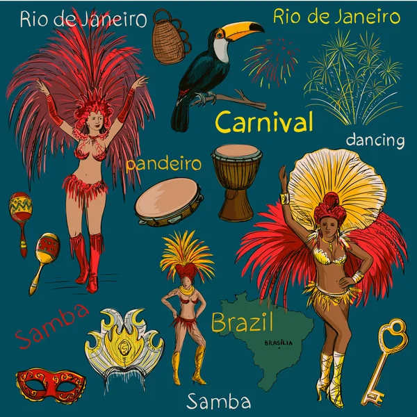 Coleção de Carnaval Brasileiro desenhada à mão —  Vetores de Stock