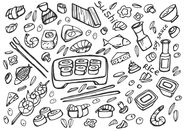 Comida japonesa - jogo de doodle de sushi —  Vetores de Stock