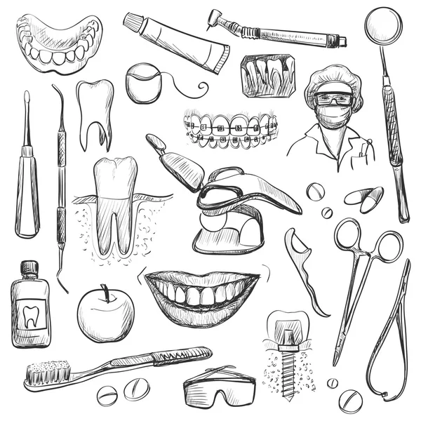 Conjunto de Dentista com diferentes equipamentos odontológicos —  Vetores de Stock