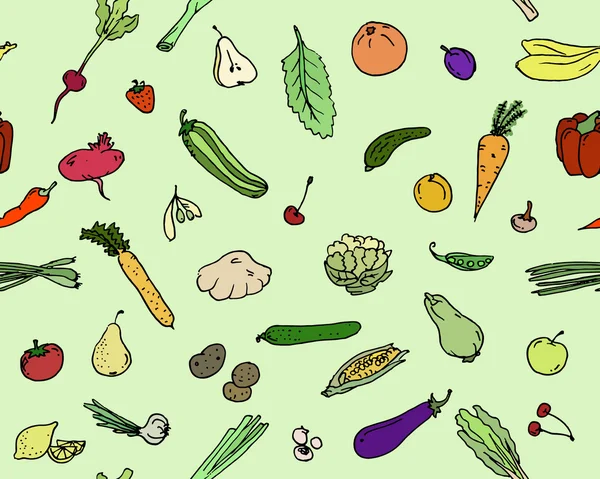 Varrat nélküli mintát gyümölcsök és zöldségek vázlat beállítása — Stock Vector