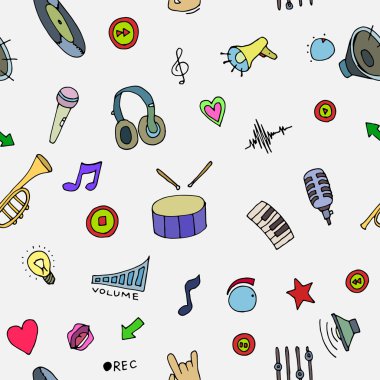 Müzik Doodle simgeler. Seamless modeli.