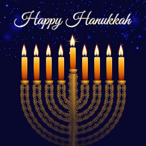 Hanukkah Jewish Festival, menorah dourado, candelabros tradicionais e velas luzes ilustração vetorial. —  Vetores de Stock