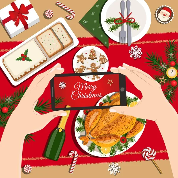 Різдвяна вечеря. Смачне традиційне святкове харчування, святкове покриття. Руки зі смартфоном фотографують їжу . — стоковий вектор
