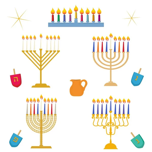 Different types of Hanukkah, Festival of Light, traditional golden menorah candelabrum with colorful candles vector set — Stock Vector