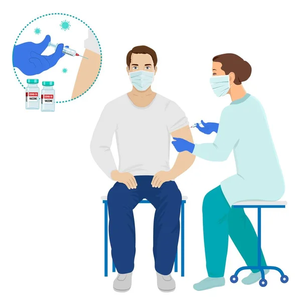 코로나 바이러스 접종, 환자에게 주사하는 의료용 마스크를 보호하는 의사나 간호사 벡터 그래픽