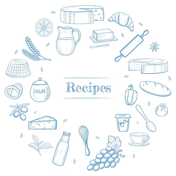 Hand drawn kitchen stuff, dairy and bakery products, vegetables, food ingredients. Recipe book template, restaurant menu icons, shavuot banner frame concept. Vectores De Stock Sin Royalties Gratis