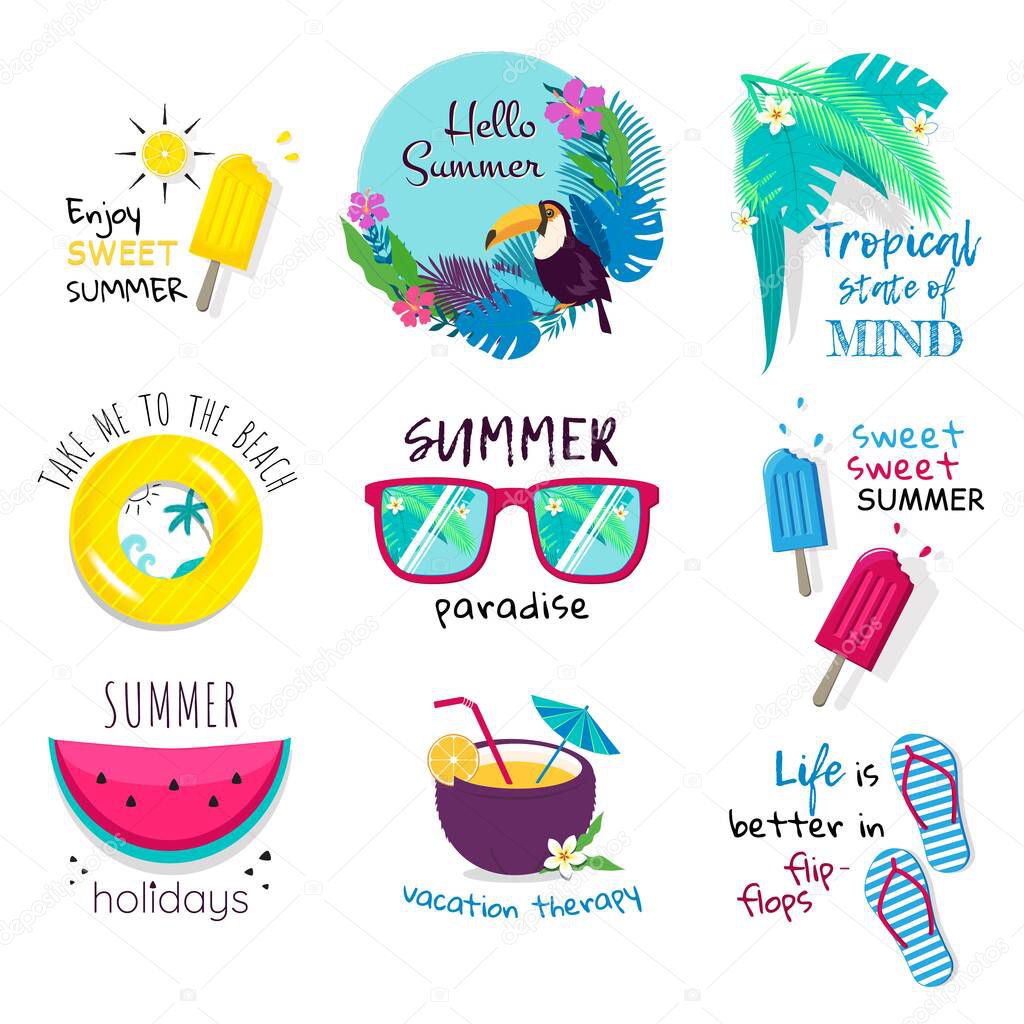 Summer phrases and icons set. Hello summer paradise, Take me to the beach, vacation therapy, tropical state of mind lettering. Vector cartoon illustration.