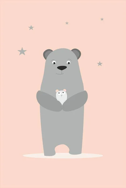 Gentile Orso Papà Con Bambino Tra Braccia Illustrazione Poster Nella — Foto Stock