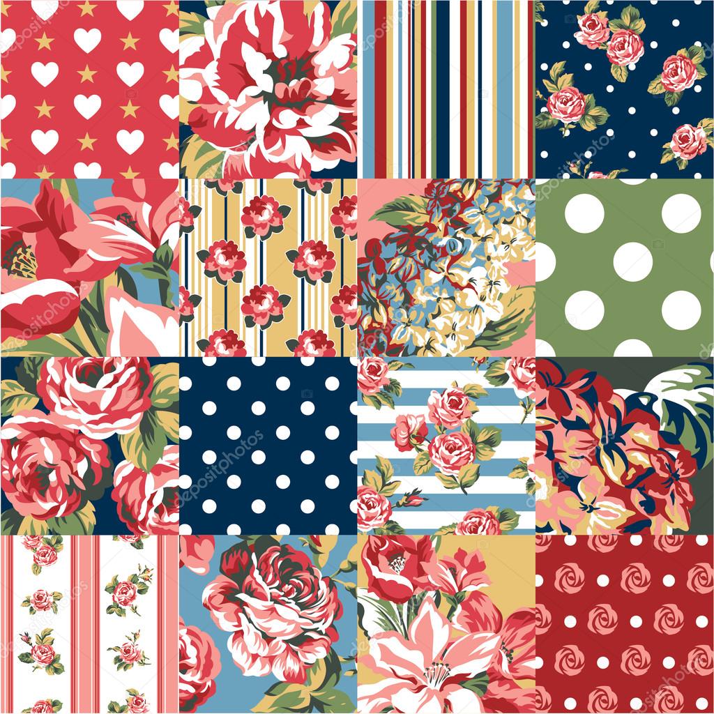 Abstract patchwork with flowers, vector seamless pattern in custom colors