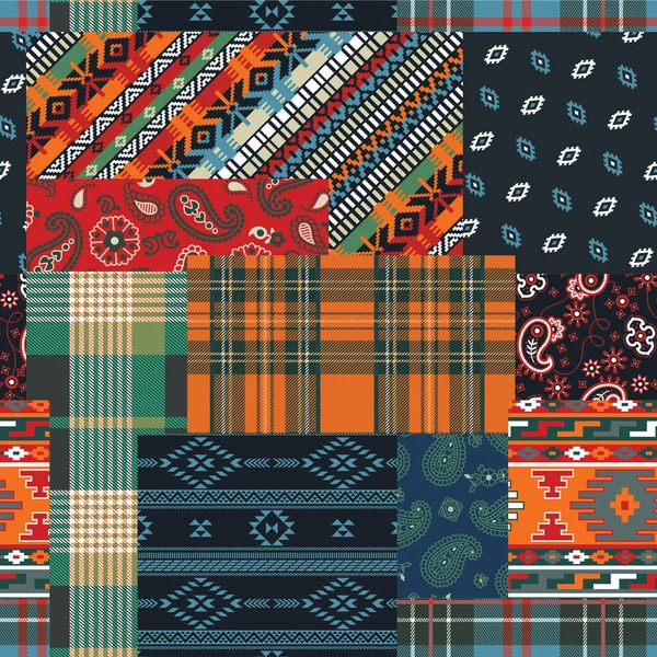 Bandana Paisley Motivi Nativi Tartan Plaid Tessuto Patchwork Astratto Vettore — Vettoriale Stock