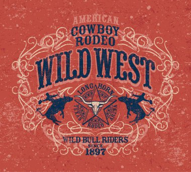 Vahşi batı rodeo rodeosu boğa binicisi klasik batı grunge vektör çizimleri. Erkekler için tişört giy.