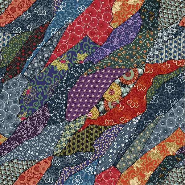 日本の伝統的な生地パッチワーク壁紙抽象的なベクトルシームレスパターン — ストックベクタ