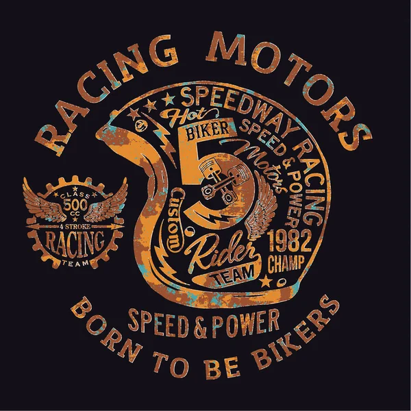 オートバイヴィンテージレーシングチームヘルメットベクトルプリント用男の子Tシャツ錆効果で別々の層 — ストックベクタ