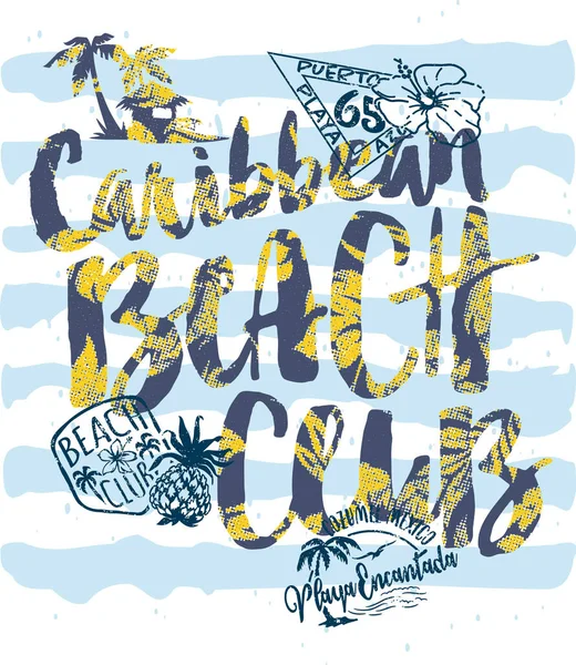 可爱的加勒比海滩俱乐部标签抽象病媒夏季儿童穿 — 图库矢量图片