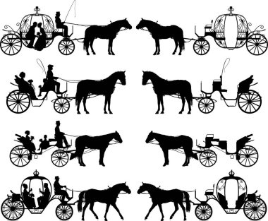 Eski tarz düğün ve evlilik arabası vektör siluet koleksiyonu
