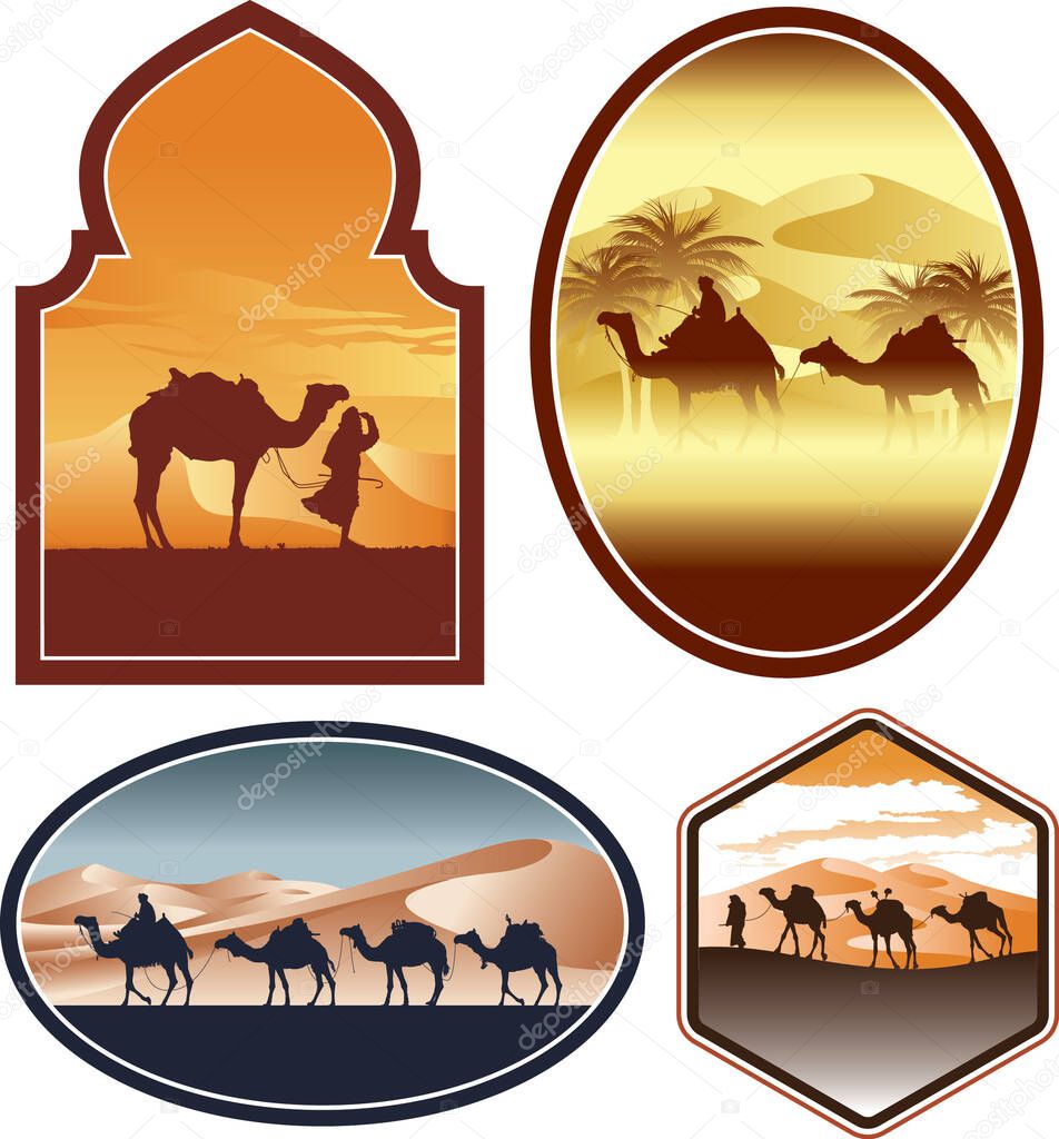 Bedouin with camel in a desert landscape vector silhouette labels collection