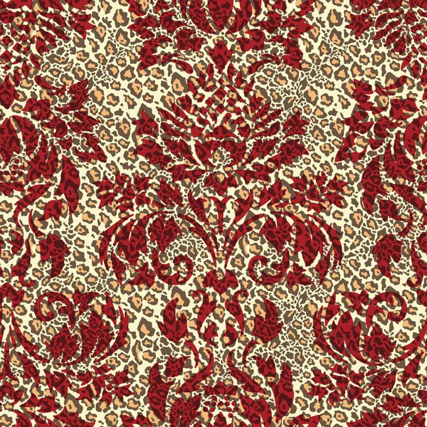 Damasco Motivo Arabesco Con Piel Leopardo Fondo Abstracto Vector Patrón — Vector de stock