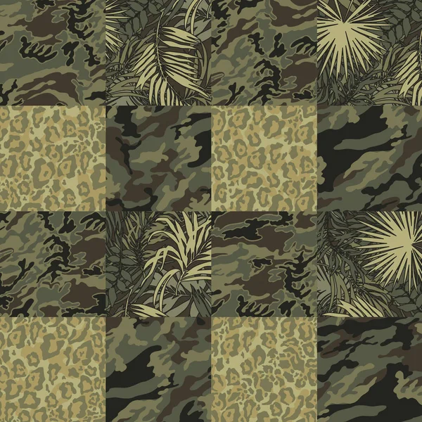 Camuffamento Mimetico Con Foglie Tropicali Pelle Leopardo Carta Parati Vettore — Vettoriale Stock