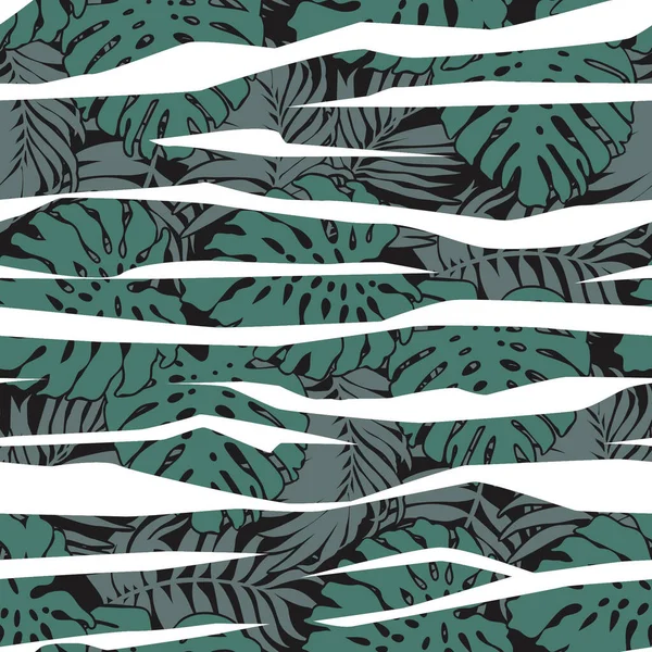 Monstera Tropical Hojas Palma Vector Abstracto Rayado Patrón Sin Costuras — Vector de stock