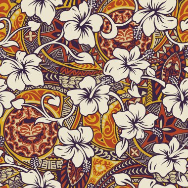 Tapa kabilesi dövmeli tropikal amber çiçeği. Arka plan vintage, dikdörtgen desenli.