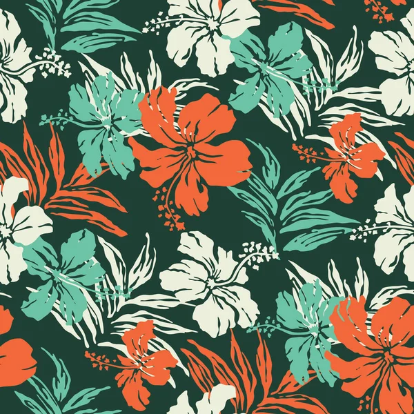 Hibiscus Flores Hojas Tropicales Tela Vector Abstracto Patrón Sin Costura — Archivo Imágenes Vectoriales