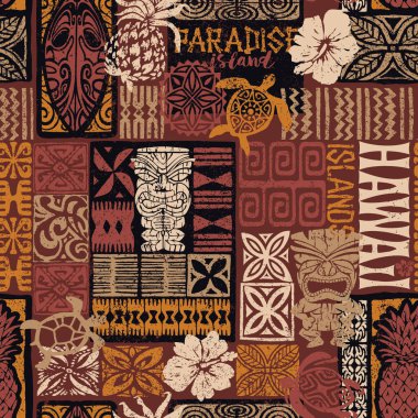 Hawaiian style tribal motif fabric patchwork abstract vintage vector seamless pattern  clipart
