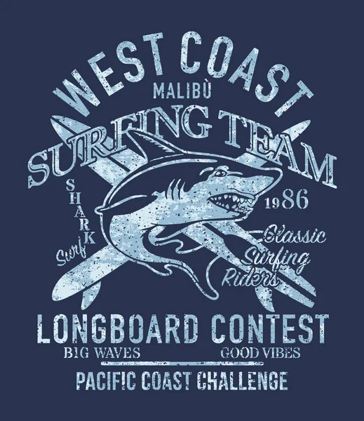 West Coast Longboard Surfder Team Vector Print Boy Shirt Grunge — 스톡 벡터