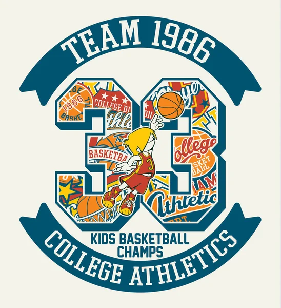 College Atletische Schattig Basketbal Kids League Cartoon Vintage Vector Kunstwerk — Stockvector