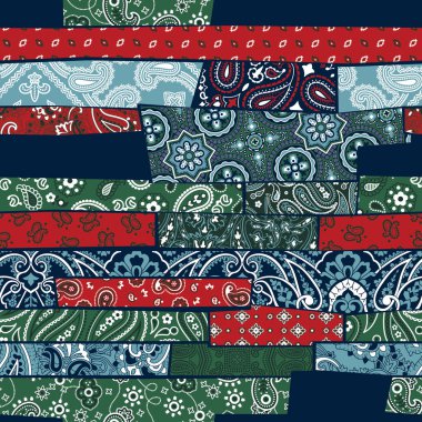 Bandana paisley fabric striped patchwork abstract vector seamless pattern 