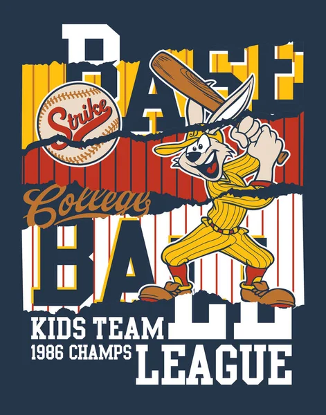 Sød Tegneserie Kanin College Baseball Liga Vintage Vektor Print Børn – Stock-vektor