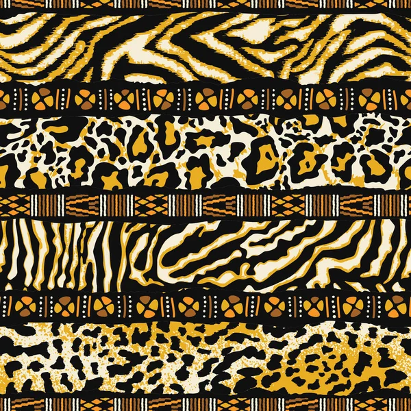 野生動物の皮のパッチワークでアフリカの部族のモチーフ抽象的なベクトルシームレスパターン — ストックベクタ
