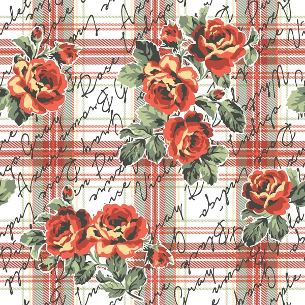 Flores Rosas Com Tipografia Xadrez Tartan Fundo Abstrato Vetor Vintage — Vetor de Stock