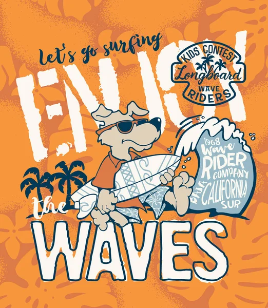 Leuke Hond Wave Rider Surfen Team Vector Print Voor Zomer — Stockvector